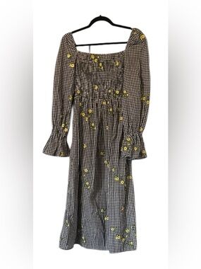 Gingham Smocked Midi Dress with Yellow Floral Accents